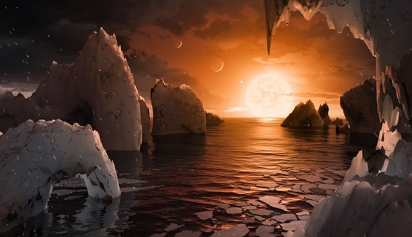 Rappresentazione artistica del paesaggio che potrebbe esserci sul pianeta Trappist-1f. Credits: NASA/JPL-Caltech