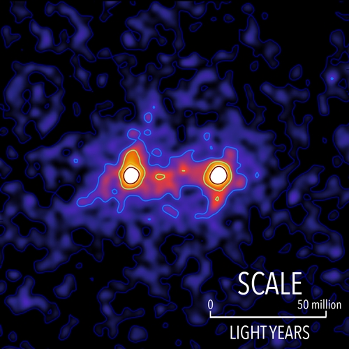 Rete di materia oscura che unisce due galassie. Credits: Monthly Notices of the Royal Astronomical Society
