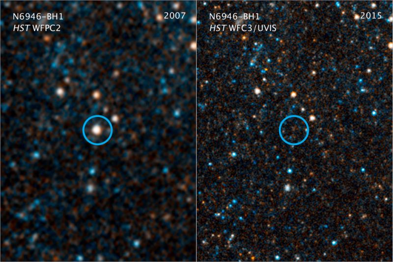 Nel cerchietto della foto di sinistra del 2007 è visibile la stella N6946-BH1, mentre in quella di destra del 2015 non è più visibile. Credits: NASA