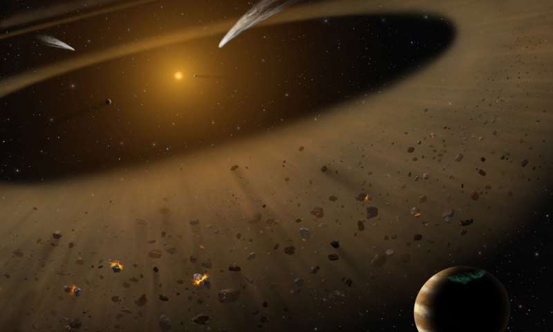 Rappresentazione artistica del sistema solare di Epsilon Eridani, con una fascia di asteroidi simile alla nostra che separa la zona dei pianeti interni da quella dei pianeti esterni. Credits: NASA/SOFIA/Lynette Cook